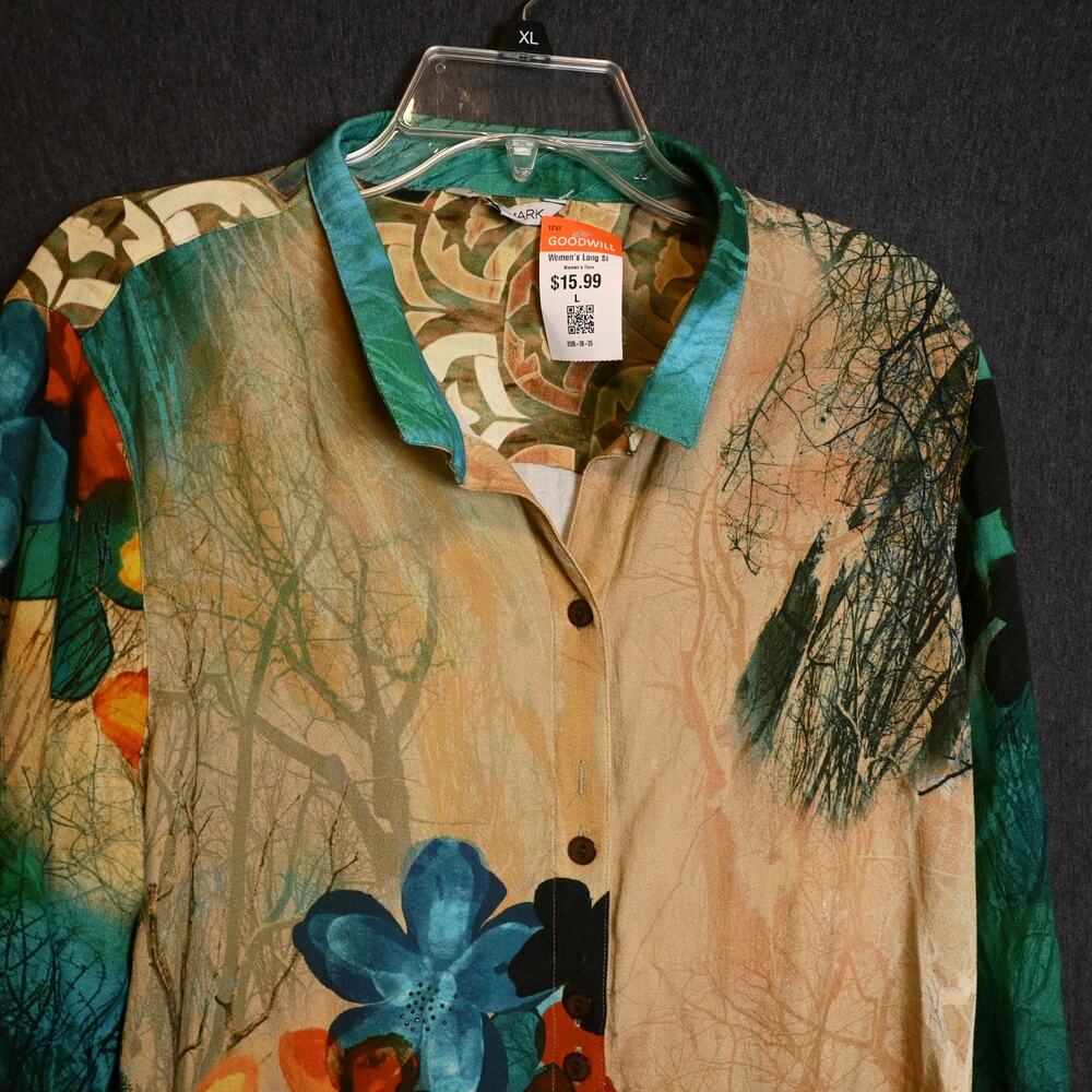 John Mark Women's L Floral Watercolor Tunic Top Button Up Boho Artsy Flowy